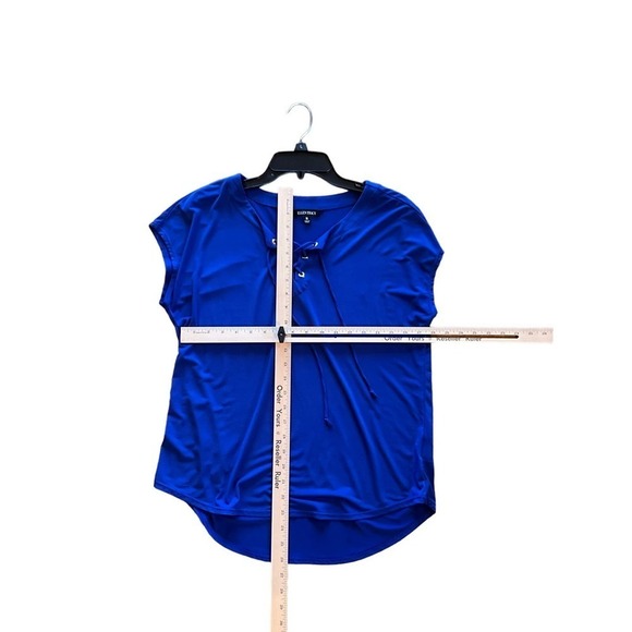 Ellen Tracy Blouse Top Women's M Blue Short Sleeve Drawstring Crewneck Polyester - Picture 3 of 4